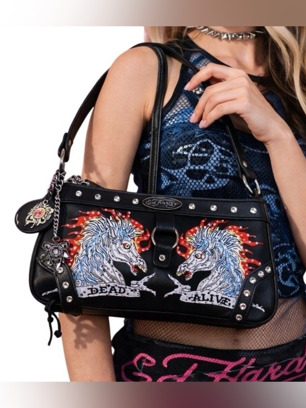 Ed Hardy NWT Shoulder Bag McBling White Horses Embroidery and Flame Accents